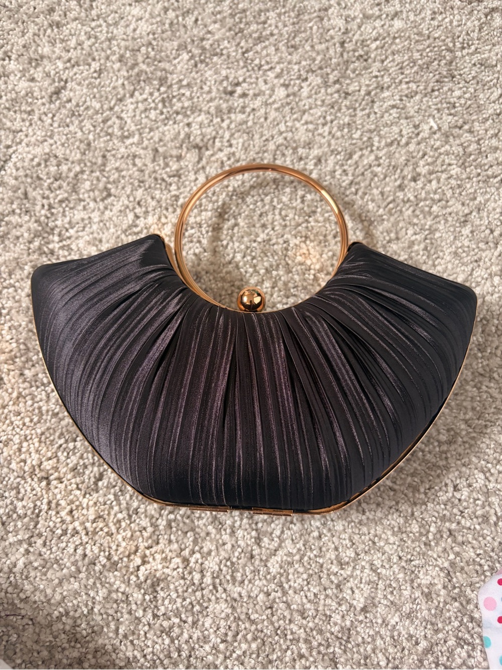Black Pleated Evening Clutch with Gold Ring Handle